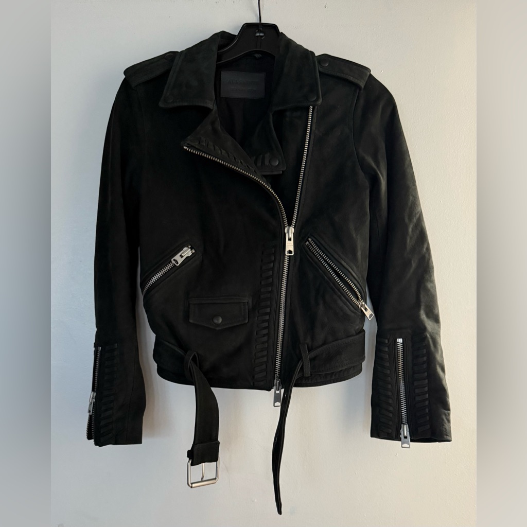 All Saints Black Leather Biker Jacket, Size Us 4, Eu 36 Pre-Owned